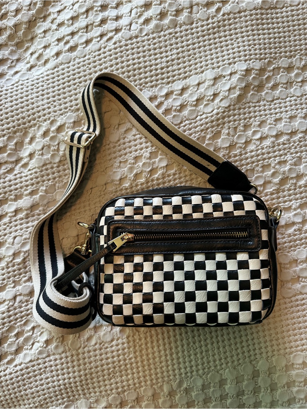 Black & Cream Checkered Crossbody Camera Bag with Striped Strap